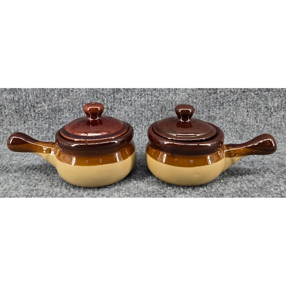 French‎ Onion Soup Crocks Set of 2 Brown Tan Ceramic Stoneware Lidded Farmhouse